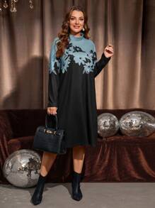 EMERY ROSE Plus Size Women Colorblock Floral Print Long Sleeve Mock Neck Midi Dress Fall Women Clothes Elegant Dress