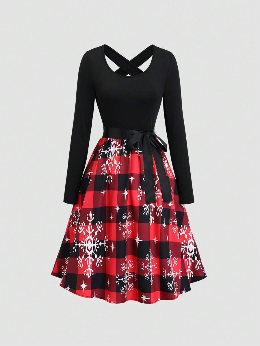 SHEIN Clasi Women's Plaid And Snowflake Print Patchwork Bowknot Short Dress - Multicolor - View 1