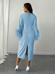Celure Vestido de manga larga con aplicación de pelo sintético y mangas acampanadas, elegante y recto para mujer de talla grande