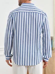 Manfinity Homme Herren Lässig Gestreiftes Langarmhemd, Herbst - Blau-Weiß - Übersicht 3