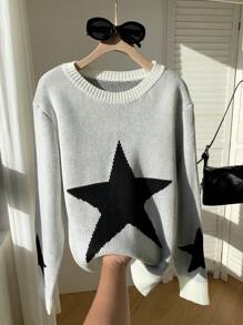 SHEIN EZwear Women's Casual Round Neck Long Sleeve Star Pattern Sweater, Autumn/Winter - Apricot - View 4