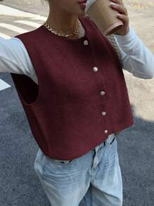 Siren Gaze Chaleco de lana sin mangas casual de unicolor con botones de metal para mujer