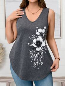 EMERY ROSE Plus Size Women's V-Neck Sleeveless Curved Hem Floral Offset Casual Top, Spring Outfits For Women Summer Outfits For Women,Flower/Vacation - Grey - View 3