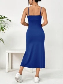 SHEIN EZwear Women Solid Color Spaghetti Strap Slit Hem Casual Long Dress - Royal Blue - View 2