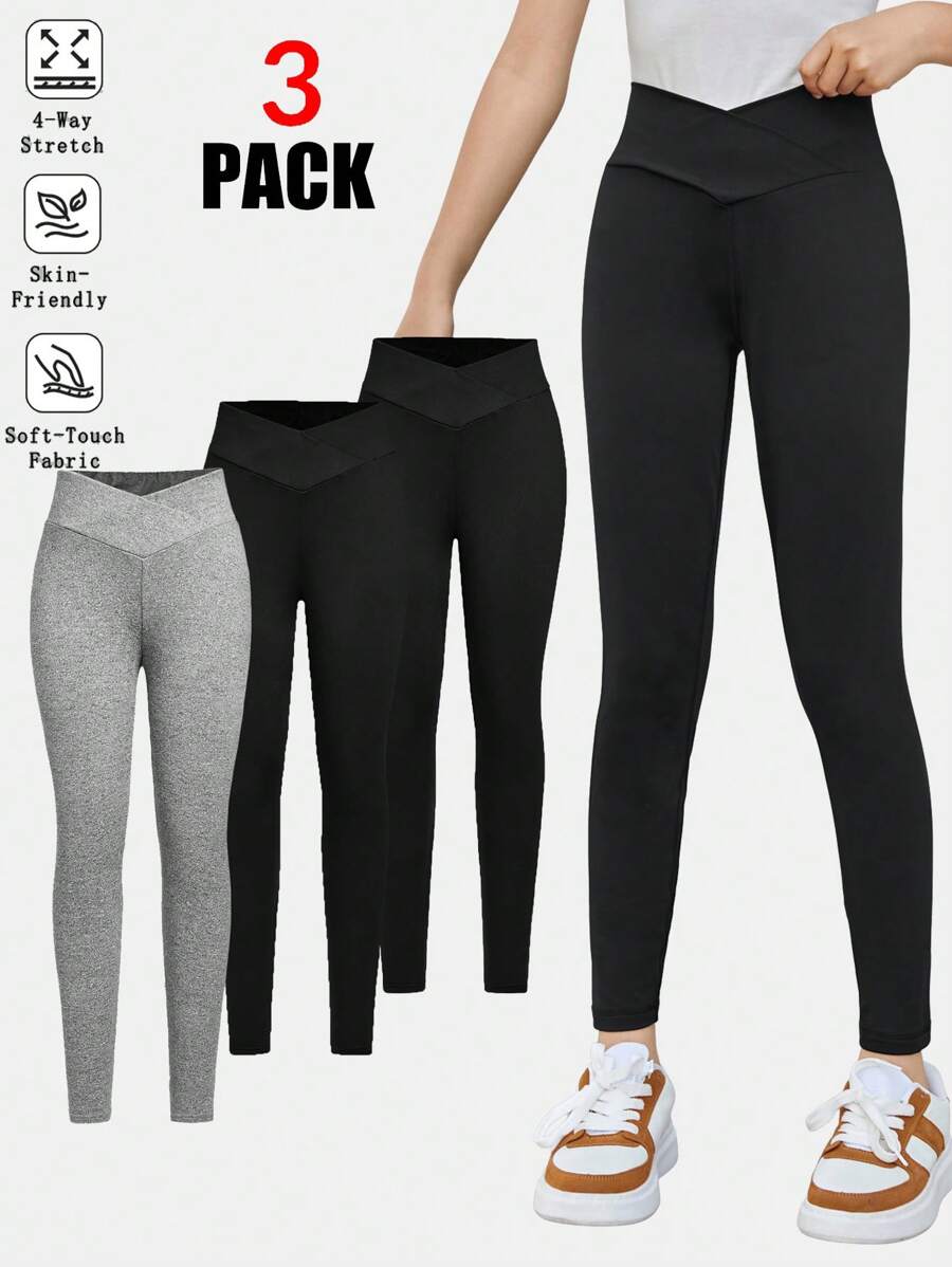 SHEIN Tween Girls' 3-Piece Set Black Solid Slim Fit Leggings Minimalist And Comfortable - Black - View 1