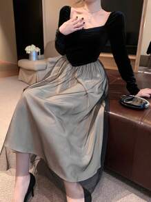 DAZY Lace Patchwork Sweet Heart Collar Long Sleeve Elegant Mid-Length Dress For Women,Fall Dress - Black - View 7