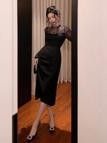 DAZY Women Casual Lace Patchwork Round Neck Long Sleeve Bodycon Black Elegant Dress Prom Dress
