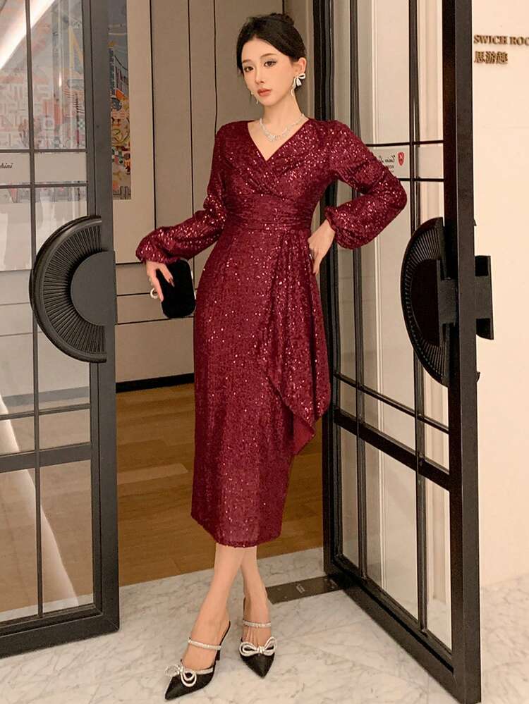 Women V-Neck Long Sleeve Minimalist Sequin Detail Dress Prom Dress Party Women, Fall Dress Homecoming Dresses Red Women Dresses Christmas Elegant Women Dress