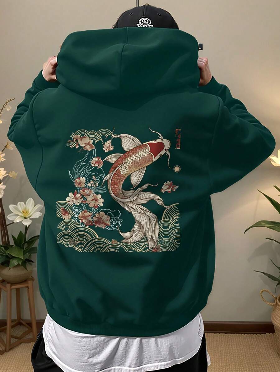 Manfinity Dauomo Long Sleeve Hooded Sweatshirt Men, Chinese Style Carp Pattern Sporty Pullover - Dark Green - View 1