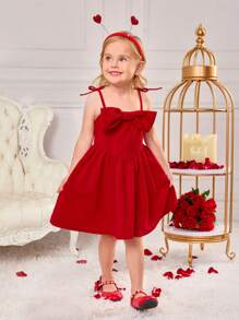 SHEIN Vestido rojo de niña elegante con tirantes tipo espagueti y tejido - Rojo - Ver 3