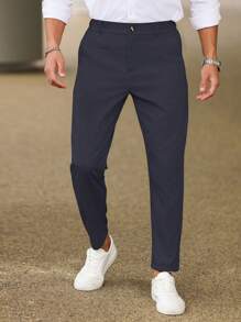 Manfinity Homme Quần ống côn trơn màu đa năng thường ngày cho nam, mùa thu - Màu xanh hải quân - Xem 5