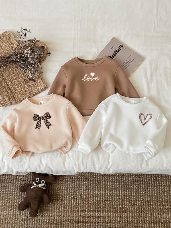 SHEIN 3pcs Set Young Girls Casual Minimalist Heart Graphic Thickened Thermal Lined Long Sleeve Sweatshirt, Suitable For Autumn/Winter
