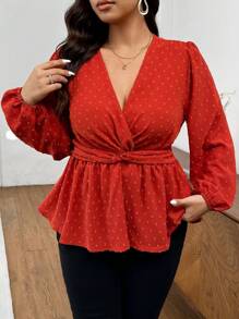 SHEIN Frenchy قميص بلوزة نسائية مقاس كبير تصميم بسيط بخامة النسيج المنقوش، كشكشة خصر مع زر أمامي في المنتصف - برتقالي مرجاني اللون - مشاهدة 3