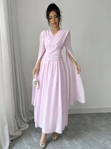 Chiquease Vestido de fiesta elegante de manga larga con pliegues - Rosa - Ver 4