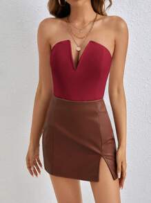 SHEIN PETITE Women's Solid Color Bandeau Bodysuit, Slim Fit Casual Holiday Outfit - Burgundy - View 5