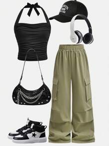 SHEIN Bộ đồ hai mảnh cho bé gái tuổi mới lớn, gồm áo ba lỗ không tay nhún bèo màu đen có nơ trang trí và quần ống đứng dệt màu xanh ô liu có túi 3D, trang phục thường ngày phong cách đường phố - màu đen - Xem 1