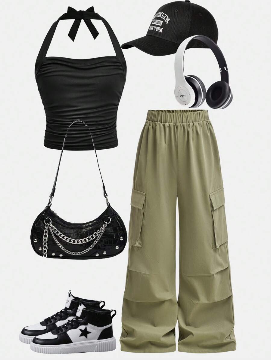 SHEIN Bộ đồ hai mảnh cho bé gái tuổi mới lớn, gồm áo ba lỗ không tay nhún bèo màu đen có nơ trang trí và quần ống đứng dệt màu xanh ô liu có túi 3D, trang phục thường ngày phong cách đường phố - màu đen - Xem 1