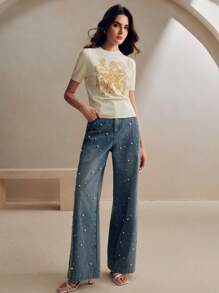 Anewsta 时尚花卉星形刺绣针织上衣，适合春夏、情人节和新年等场合穿着。 - 奶油色 - 查看 7