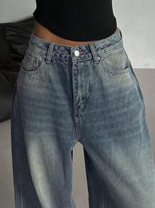 DAZY Women Front Button Pocket Simple Casual Straight Leg Jeans,Baggy Jeans - Medium Wash - View 4