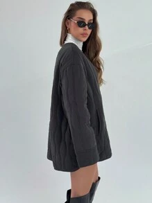 Aloruh Dark Gray Women's Solid Color Drop Shoulder Long Sleeve Single-Breasted Casual Jacket, Autumn/Winter