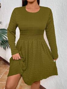 SHEIN VCAY Vestido de punto texturizado de manga larga, cuello redondo y unicolor, talla grande