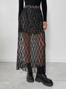 INAWLY Women Lace Patchwork Printed Casual Skirt, Suitable For Leisure And Holiday - Black - View 1