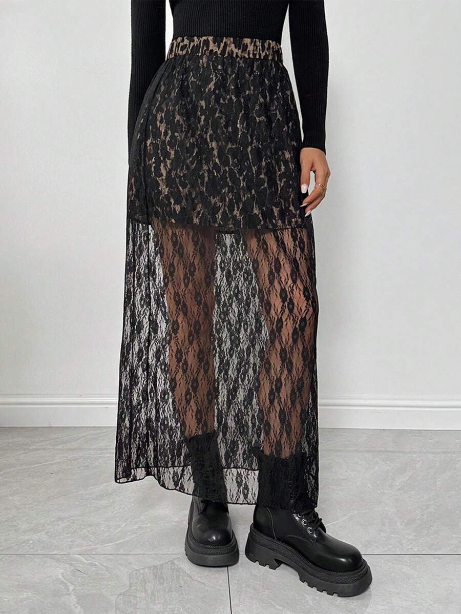 INAWLY Women Lace Patchwork Printed Casual Skirt, Suitable For Leisure And Holiday - Black - View 1