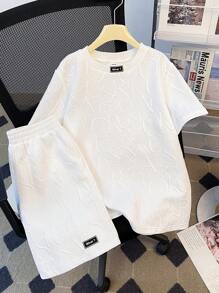 SHEIN Leap Crew 2pcs Set Teen Boy's Short Sleeve T-Shirt & Shorts Casual 2pcs/Set Letter Embossed, Urban, Basic, Plain;Spring Wear; Teen Boys' Clothing; Teen Boy' Jackets, Spring Back To School - White - View 11