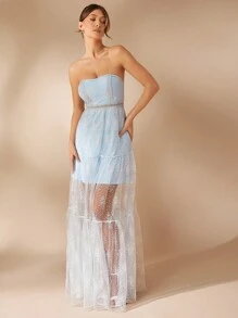 L'Amorae Vestido Longo Fluido e Transparente de Festa de Ano Novo com Floral Elegante em Renda - Azul bebê - Visão 3