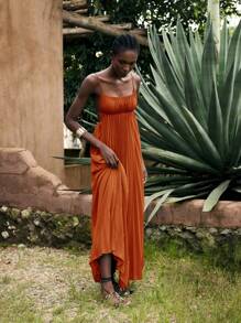 Maija Women's Versatile Orange Red Decoration Casual Urban Vacation Beach Outfit, Modern Loose Linen Color Shirt Collar Pleated Mid-Length Dress,Sun Dress Sun Dress All-Match Summer Clothing For All Seasons, Modern Holiday Fashion Design, Comfortable Beach Beach Clothing, Bohemian Style, Isabi Island Holiday Wear, Summer Dopamine Holiday Wear, Ins Same Style Holiday Style, Exotic Atmosphere, Country Concert, Western Style Clothing Modern Holiday Bohemian Casual Women's Wear With Large Skirt And Pleated Design - Orange - View 3