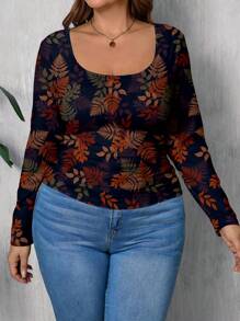 SHEIN LUNE Camiseta de manga larga de ajuste ceñido con cuello redondo y estampado de hojas de arce para mujer de talla grande, adecuada para otoño/invierno - Multicolor - Ver 3