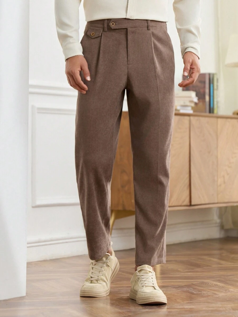 Manfinity Homme 男士纯色前扣褶皱休闲裤，简约日常穿着