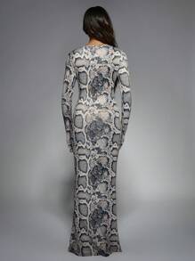 MISSGUIDED Snake Print Long Sleeve Maxi Dress Form Fitting Bodycon Evening Party Fall Winter Special Occasion Full Length Elegant Sophisticated - Multicolor - View 2