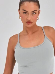 Musera Sport Slinky Spaghetti Strap Activewear Crop Cami Top Only, Padel, Tennis, Pickleball Gym Fitness Fall Winter - Light Grey - View 3