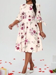 SHEIN Lady 大码女式简约花卉印花圆领长袖休闲连衣裙冬季优雅四季秋季连衣裙派对女装优雅女装蕾丝长袖化妆舞会礼服演唱会女装短裙情人节新年派对礼服玫瑰花朵连衣裙 - 彩色 - 查看 4