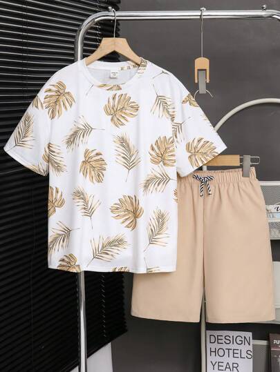 2st Kids Tween Pojkar Casual Vacation Plant Grafiskt tryck rundhalsad kortärmad stickad T-shirt och enfärgade lösa shorts, Lämpliga för pendling, Skola, Vardag, Semester, Sport, Vår, Sommar, Höst, Vinter