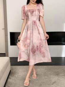 DAZY Đầm nữ dáng lửng tay phồng, họa tiết tie-dye màu nước, đầm thu tay dài họa tiết hoa. - Hồng - Xem 3