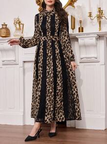 Modelyn Women's Elegant Leopard Print & Lace Patchwork Long Shirt Collar Dress, Spring/Summer