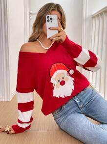 SHEIN Frenchy 女式圣诞老人图案 V 领长袖休闲毛衣，秋冬款 - 紅色 - 查看 5