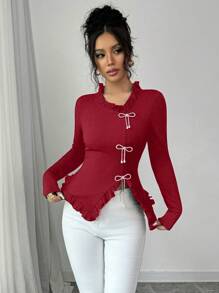 Elenzga Women's Bow Decor Frill Trim Long Sleeve Casual T-Shirt - Red - View 3