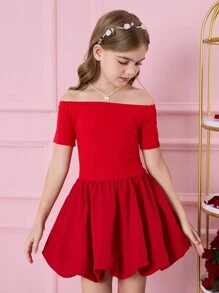 Fern Glow  Tween Girls' Lovely Off Shoulder Knit Mini Dress, Red, Summer For Valentine's Day - Red - View 3
