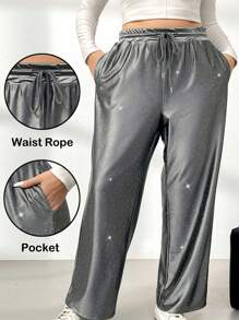 SHEIN Privé Pantalones deportivos de felpa con adornos de strass para uso casual diario de mujer, atuendo adecuado para el Día de San Valentín, citas casuales, conciertos, fiestas, estilo universitario retro de INS, primavera y otoño de 2025, Año Nuevo, fiesta, estilo elegante de hada de oficina, pantalones de fiesta de Año Nuevo con lentejuelas