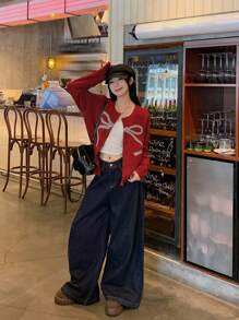 DAZY 女士秋冬新款蝴蝶结圆领针织开衫，宽松百搭毛衣外套，秋季女装圣诞节，新年 - 紅色 - 查看 3