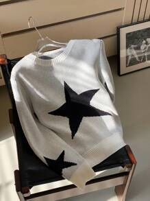 SHEIN EZwear Women's Casual Round Neck Long Sleeve Star Pattern Sweater, Autumn/Winter - Apricot - View 5