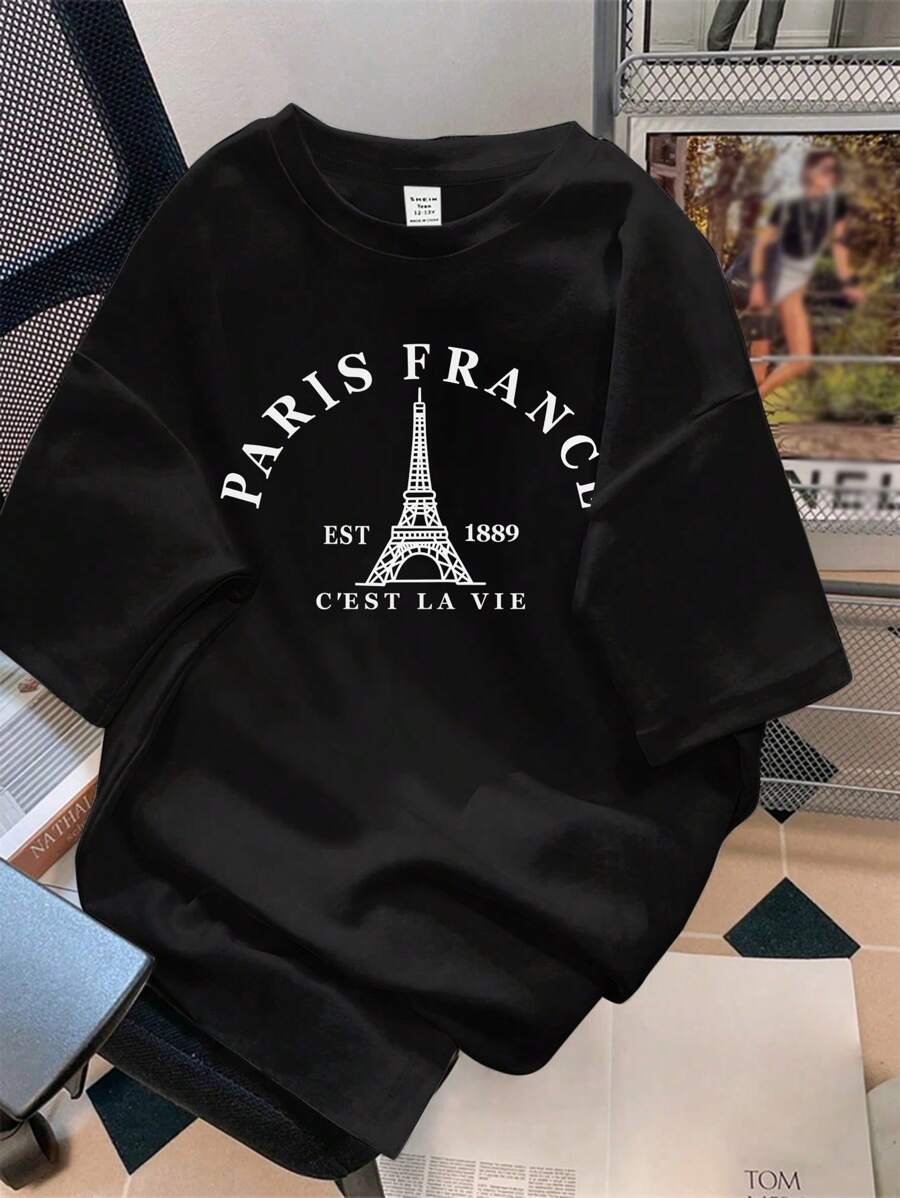 SHEIN EZwear Oversized Eiffel Tower Graphic Round Neck Short Sleeve T-Shirt, Loose Style For Women, Suitable For Summer