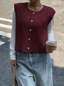 Siren Gaze Chaleco de lana sin mangas casual de unicolor con botones de metal para mujer