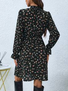 Chiquease Women's Floral Print Stand Collar Long Sleeve A-Line Dress With Frill Trim Fall Cloth For Women - Black - View 2