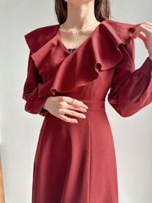 FRIFUL Damen Weihnachts Midi-Länge Kleid mit Rüschenkante, Herbstkleidung Langarm Kleid, Neujahr - Rot - Übersicht 1