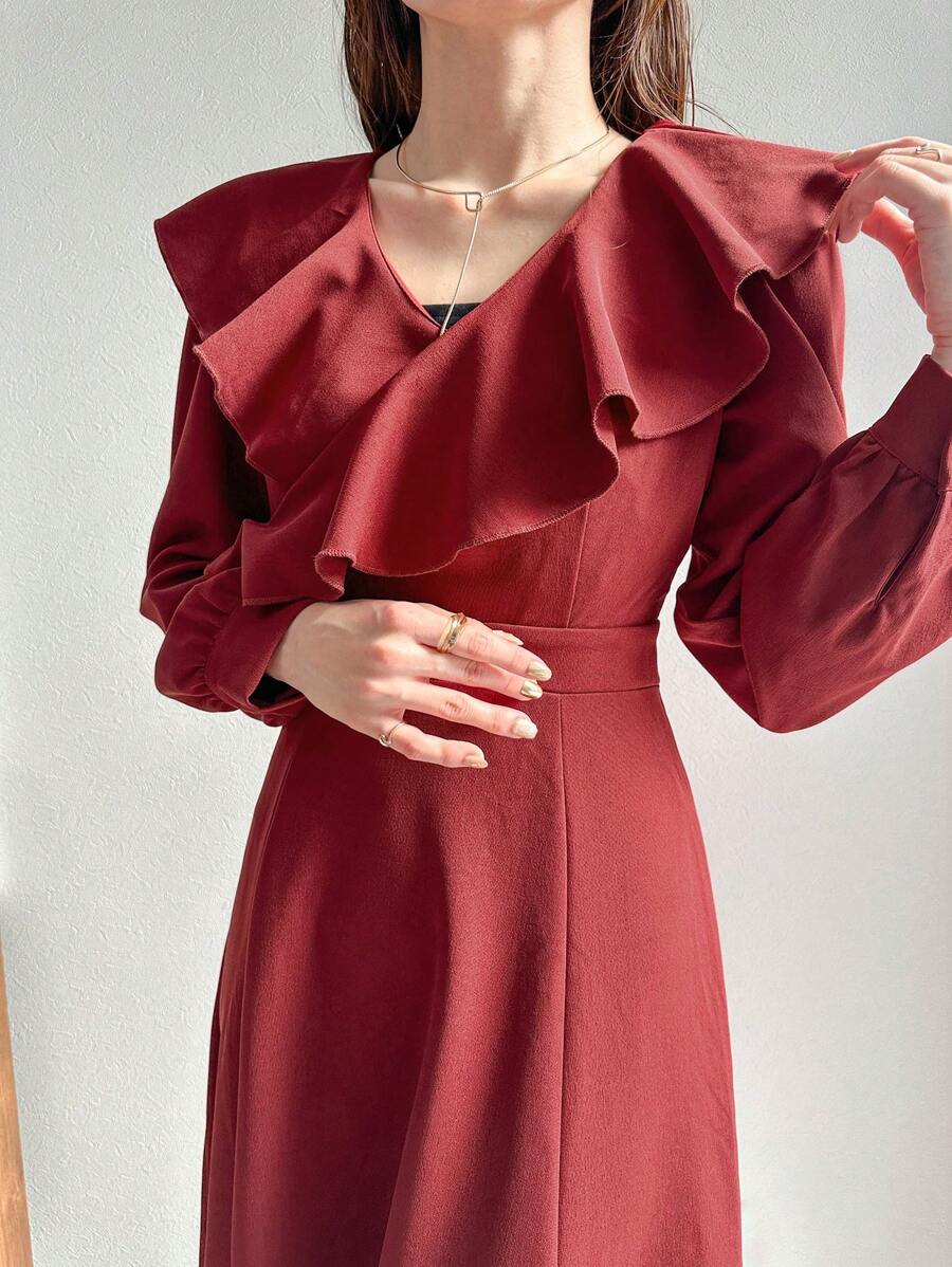 FRIFUL Damen Weihnachts Midi-Länge Kleid mit Rüschenkante, Herbstkleidung Langarm Kleid, Neujahr - Rot - Übersicht 1