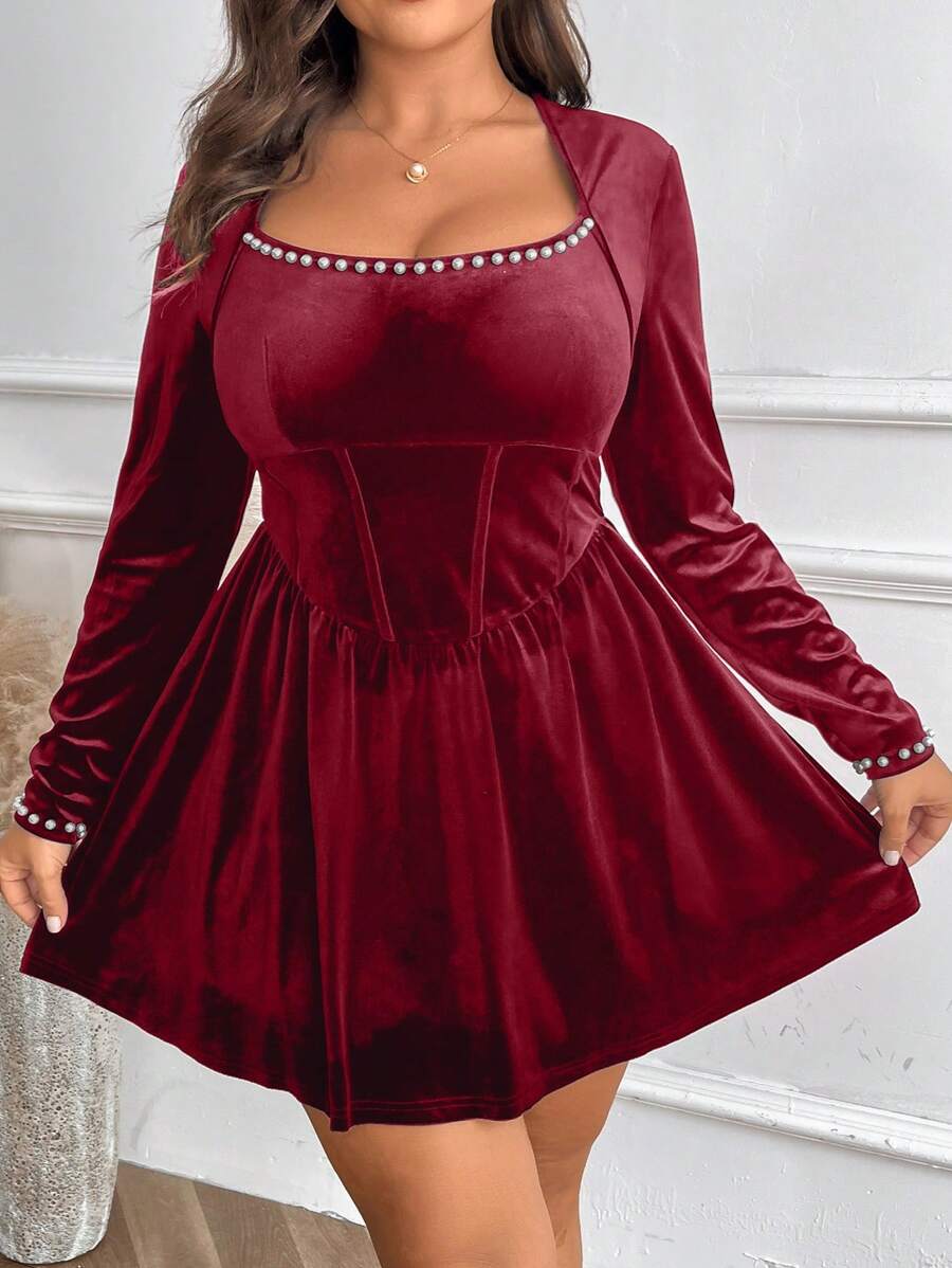 SHEIN Clasi Plus Size Women's Elegant Romantic Velvet Faux Pearl Decor Fishtail Dress - Red - View 1